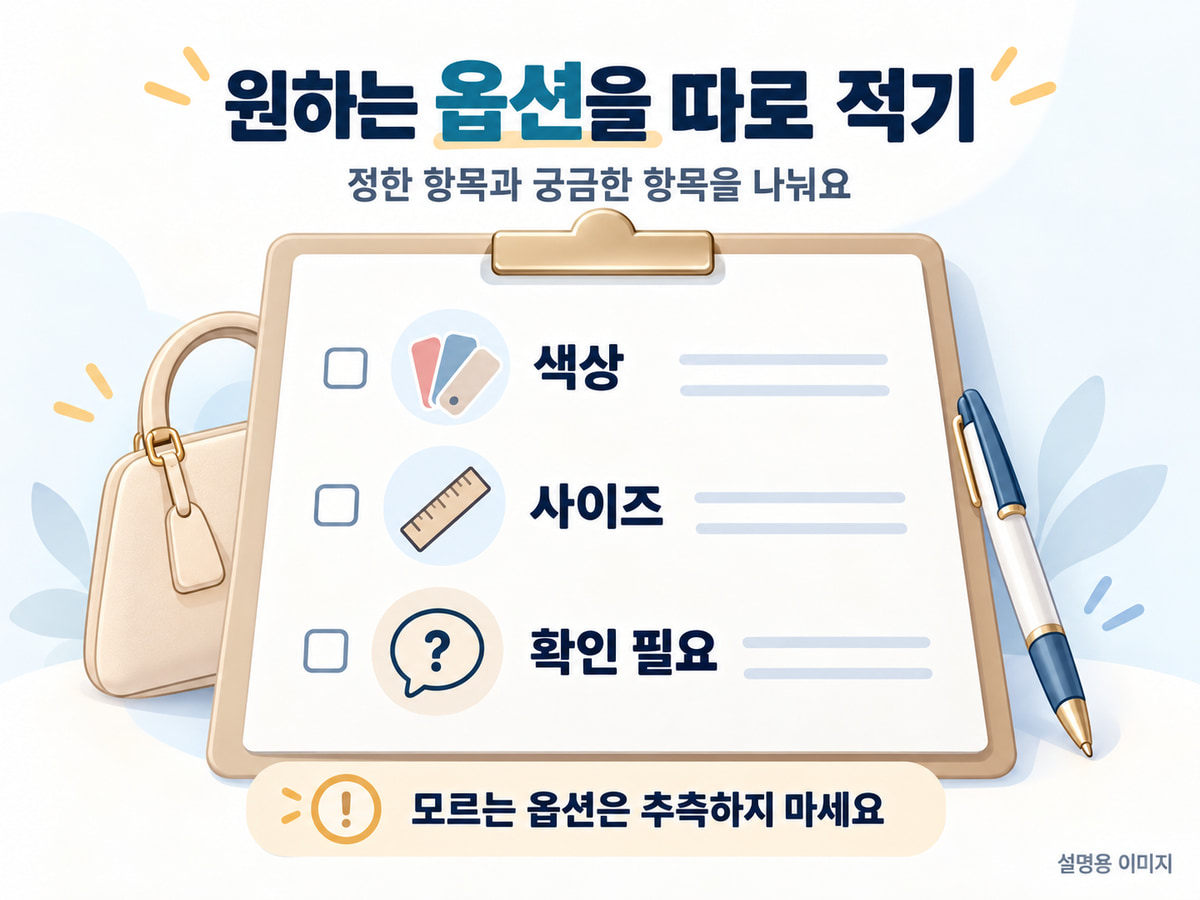 색상과 크기 등 원하는 옵션을 구분해 메모하는 설명 이미지