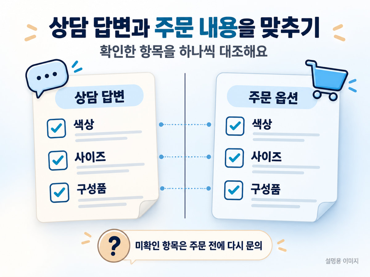 상담 답변과 주문 옵션을 나란히 놓고 대조하는 설명 이미지