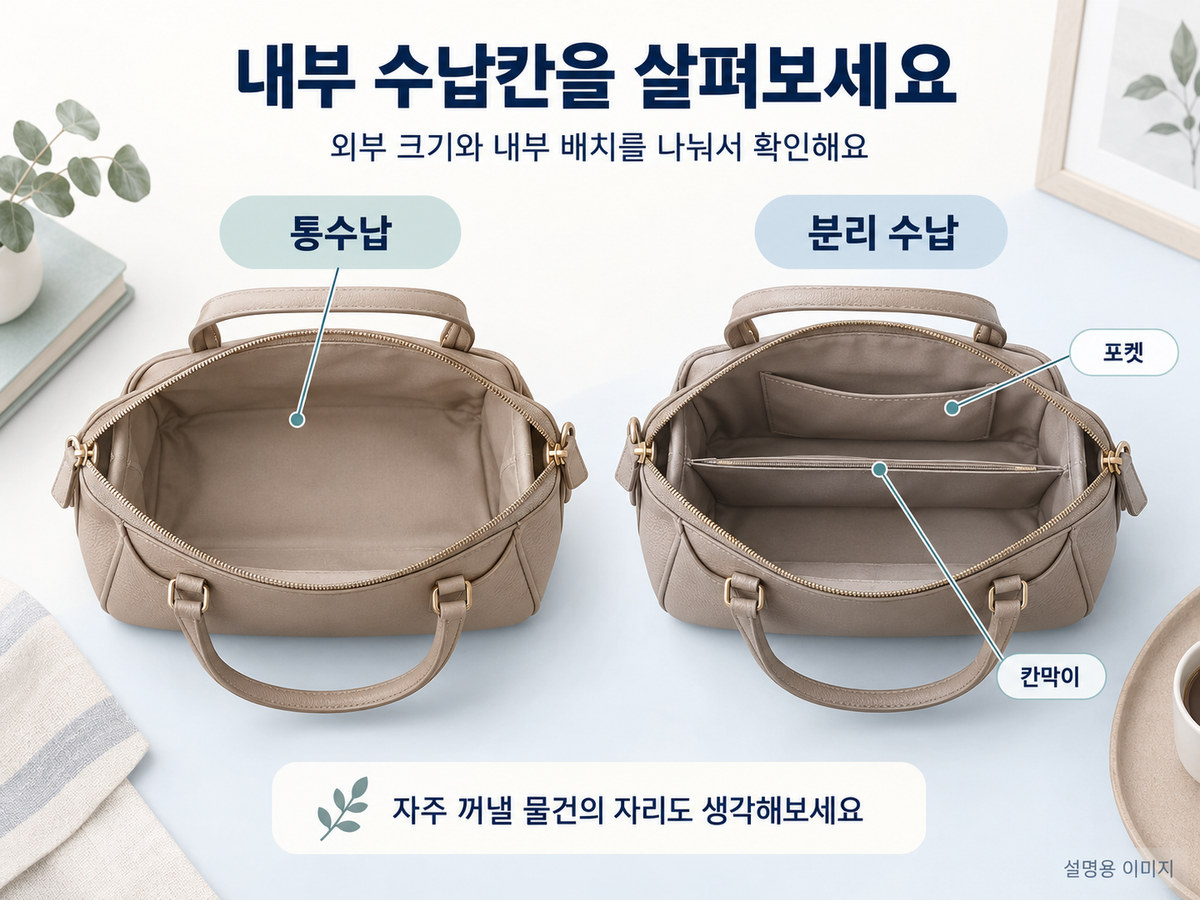 큰 공간 하나인 가방과 칸막이가 있는 가방의 내부 배치를 비교하는 설명 이미지