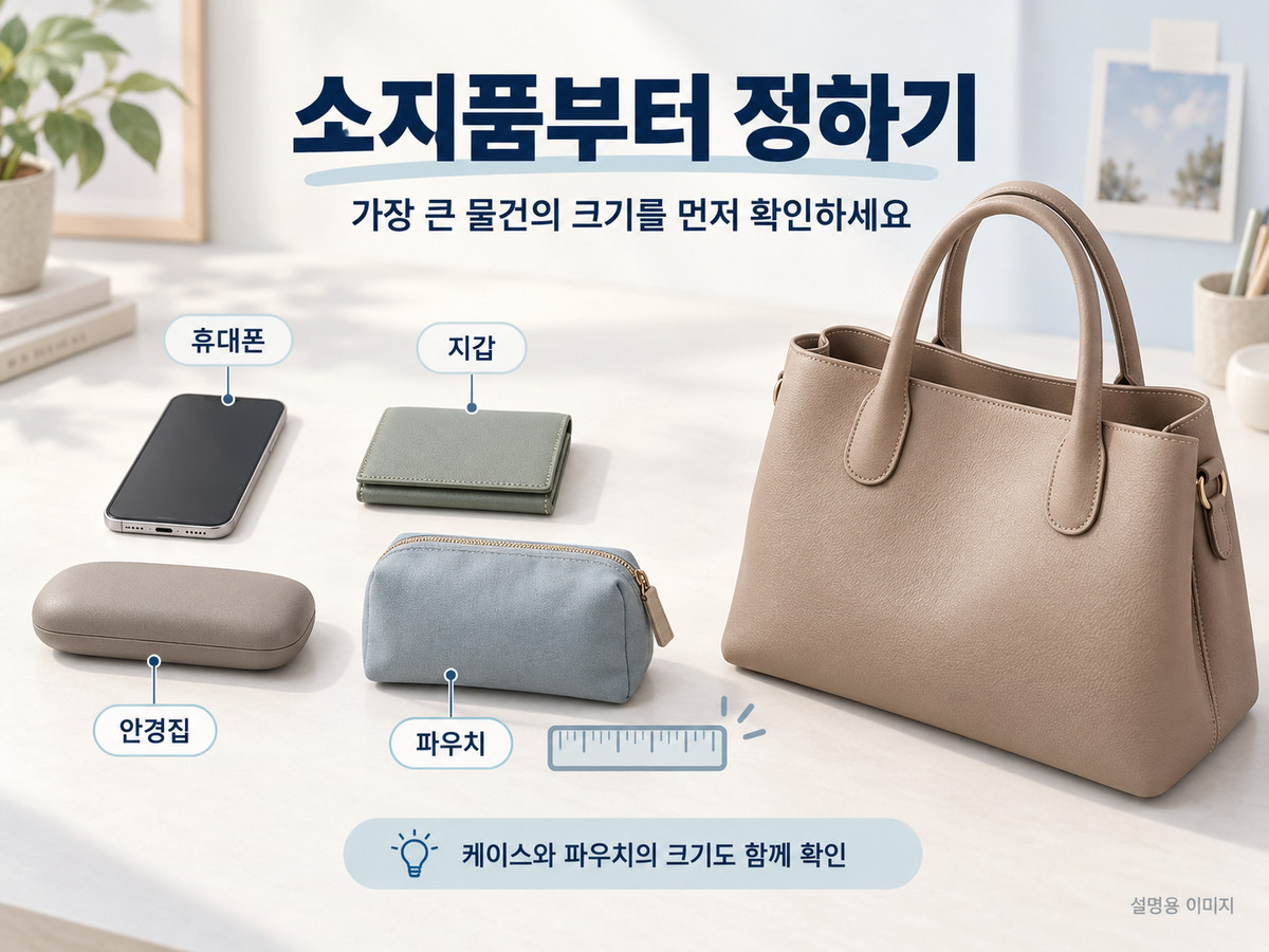 휴대폰과 지갑, 안경집, 파우치를 펼쳐 필요한 수납 공간을 생각하는 설명 이미지