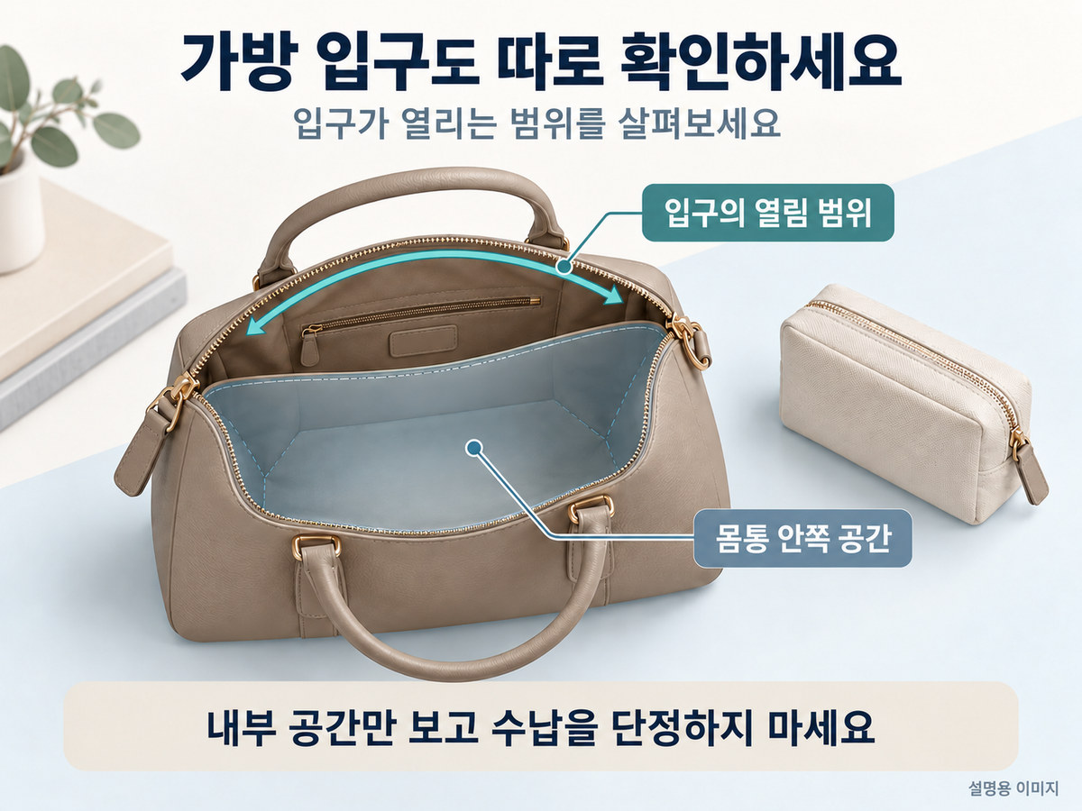 가방 몸통의 공간과 물건이 지나가는 입구의 열림 범위를 구분하는 설명 이미지