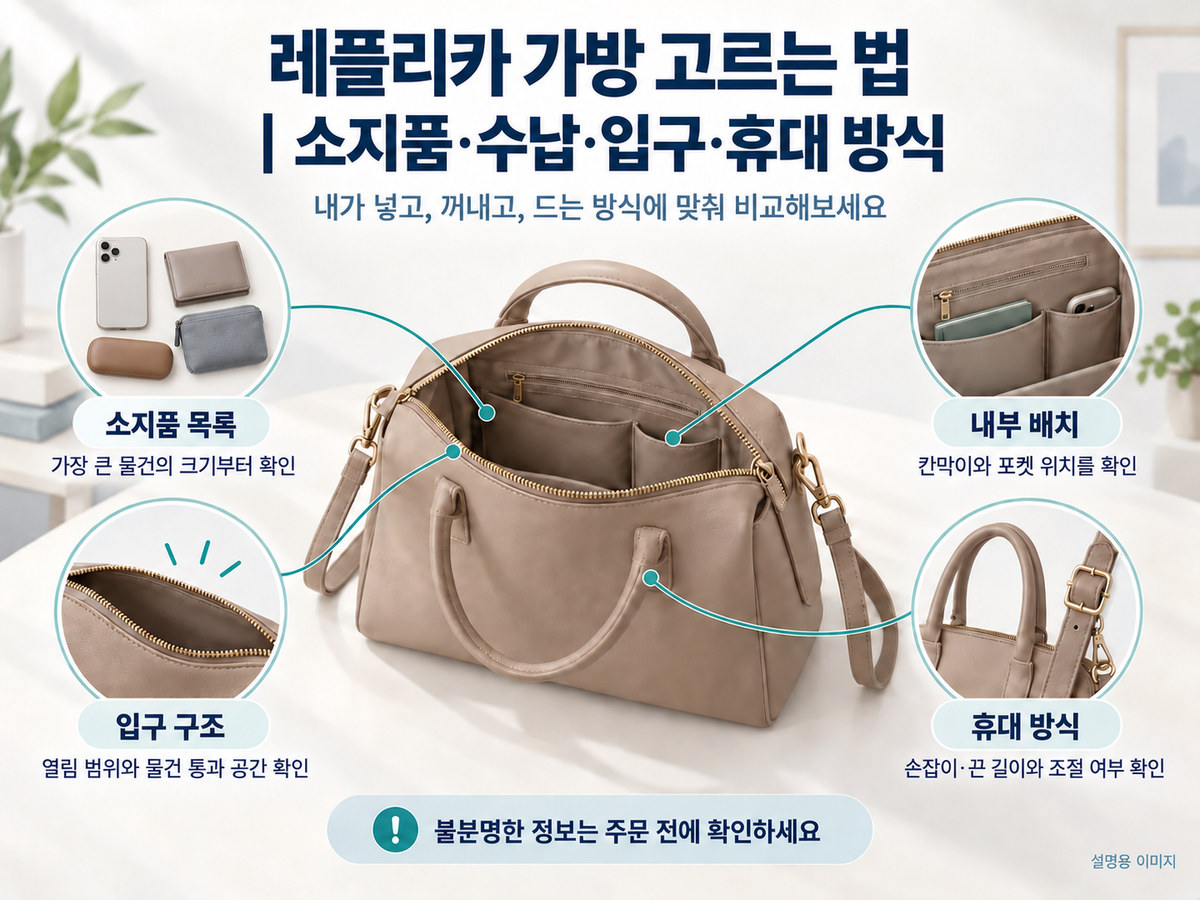 소지품 목록과 내부 배치, 입구 구조, 휴대 방식의 네 가지 레플리카 가방 선택 기준을 요약한 인포그래픽