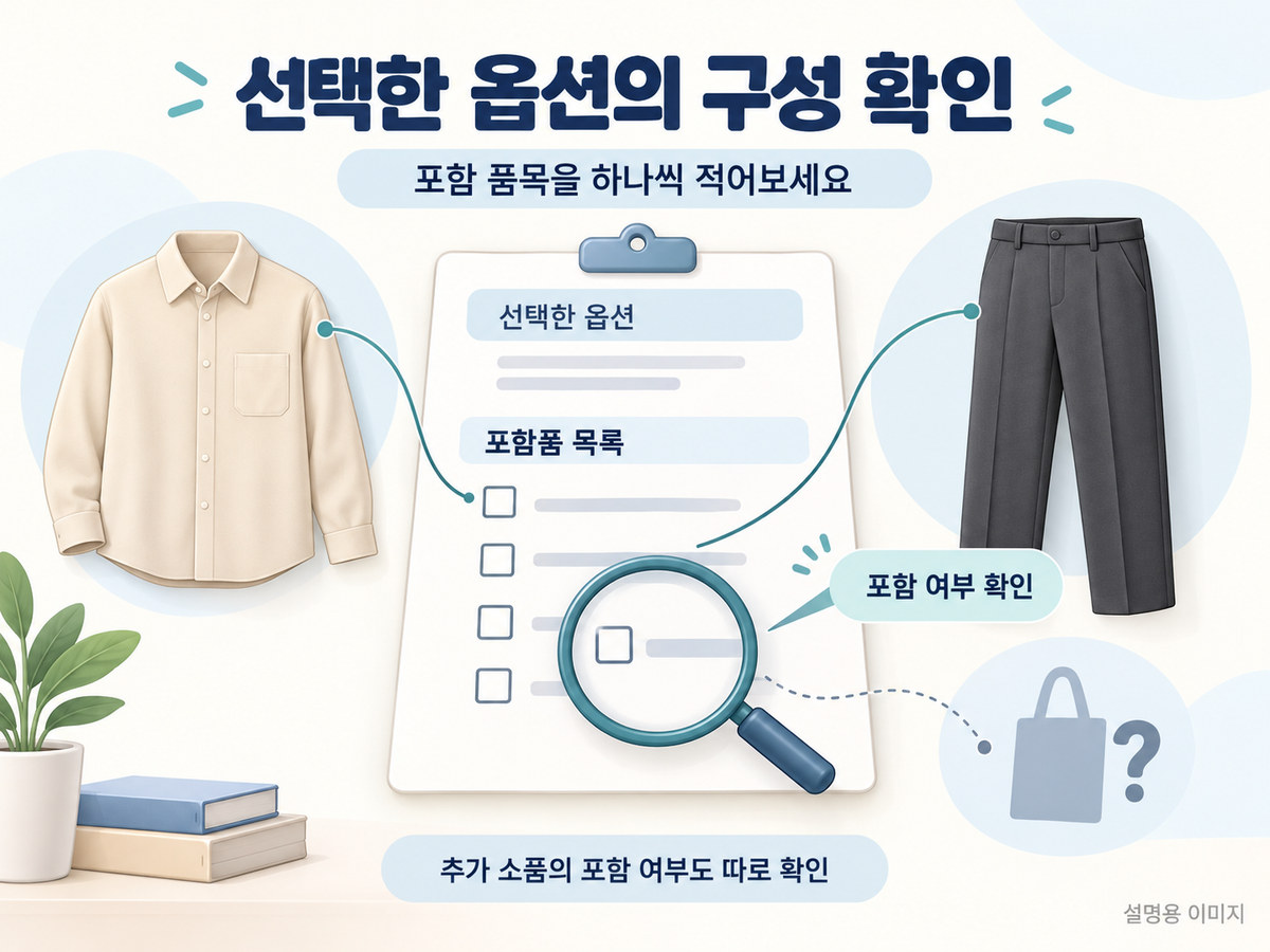 선택한 옵션의 안내에서 포함 품목과 확인할 품목을 목록으로 나누는 설명 이미지