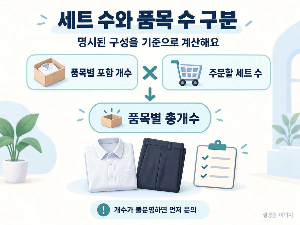 한 세트의 구성과 주문할 세트 수를 별도 메모 항목으로 나누어 확인하는 설명 이미지