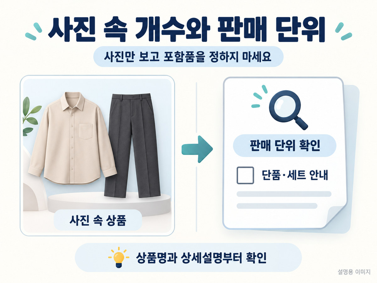 상의와 하의가 함께 보이는 설명용 사진과 판매 단위 확인 메모를 구분하는 이미지