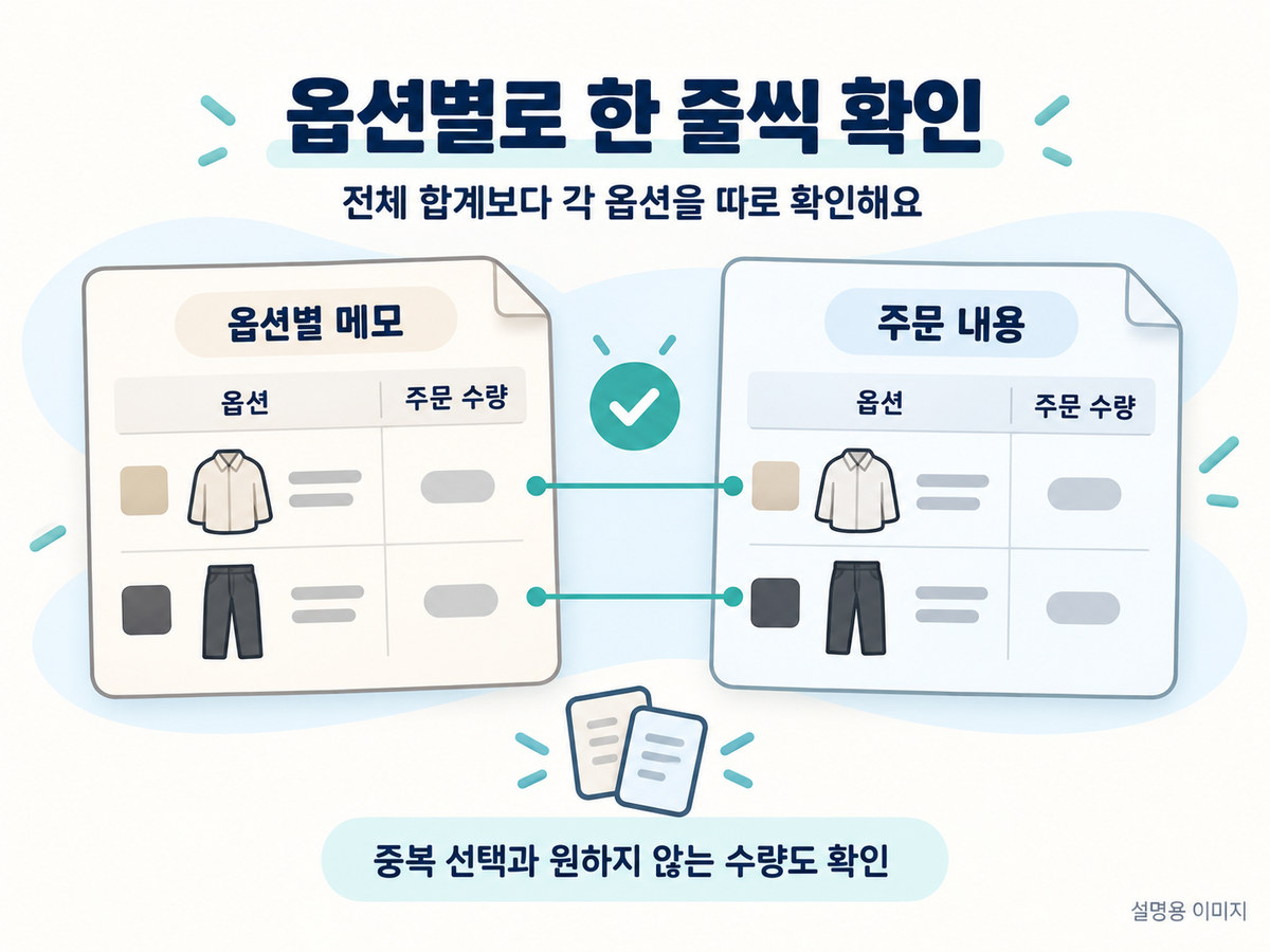 옵션마다 한 줄로 나눈 수량 메모를 주문 내용과 대조하는 설명 이미지