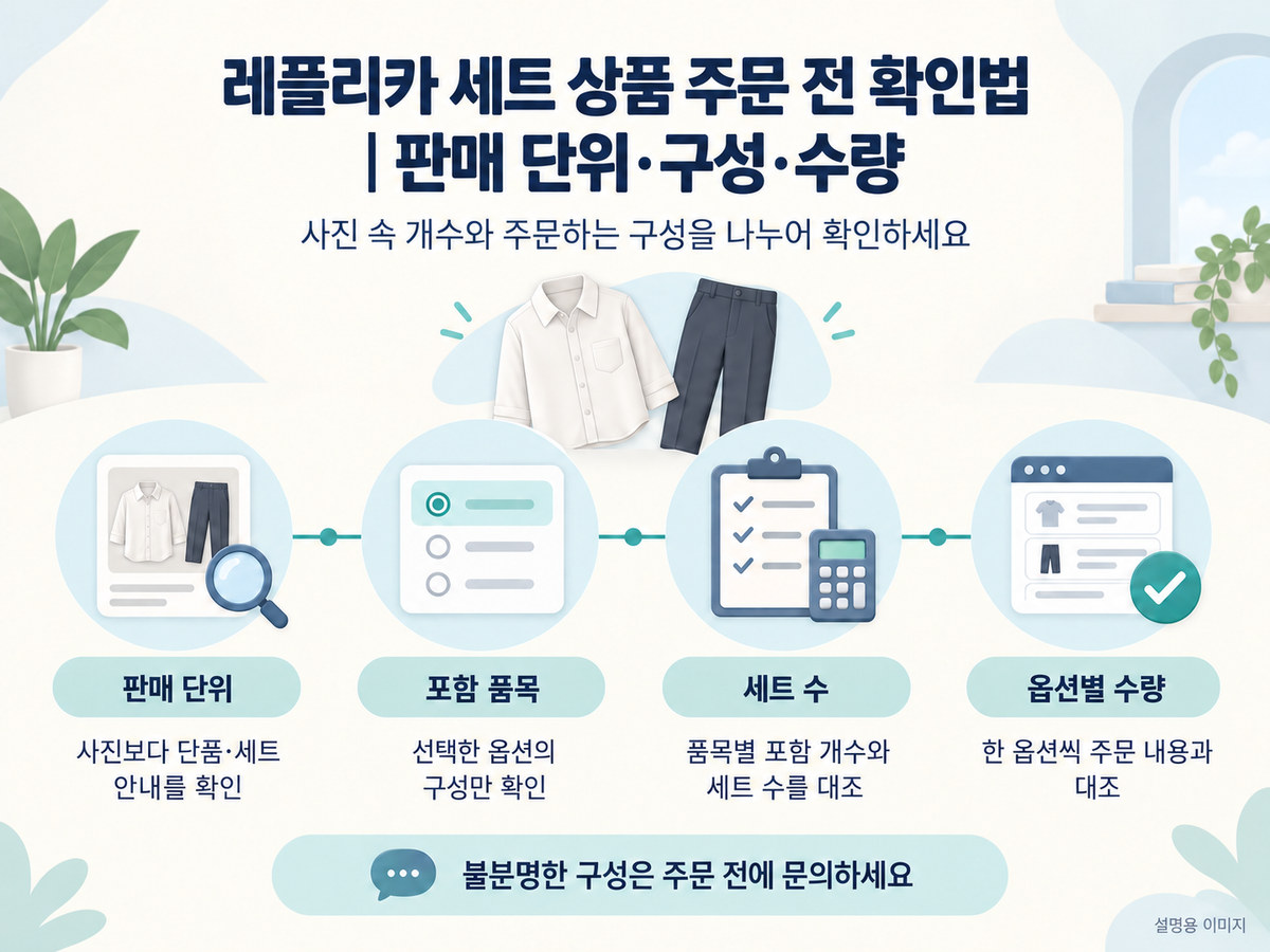 판매 단위와 포함 품목, 세트 수, 옵션별 수량의 네 가지 레플리카 세트 상품 주문 확인 기준을 요약한 인포그래픽