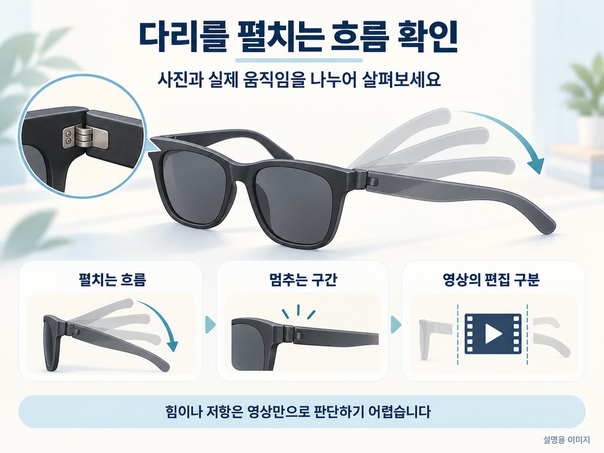 선글라스 다리를 펼치는 움직임의 흐름을 살펴보는 설명용 이미지