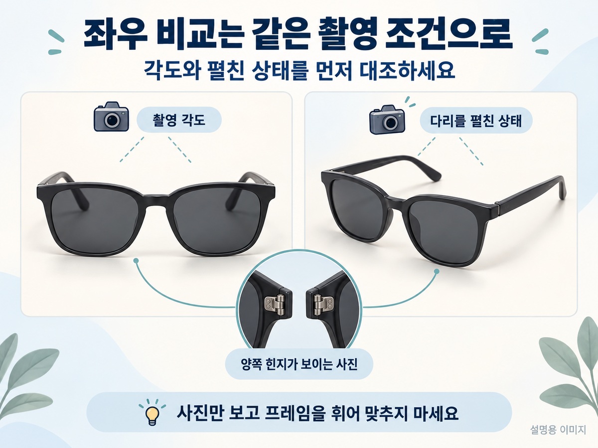 같은 상태와 촬영 각도에서 선글라스의 좌우를 비교하는 설명용 이미지