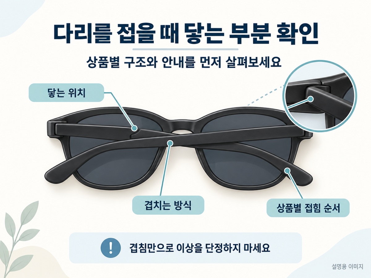 접힌 선글라스 다리가 프레임과 다른 다리에 닿는 위치를 보는 설명용 이미지