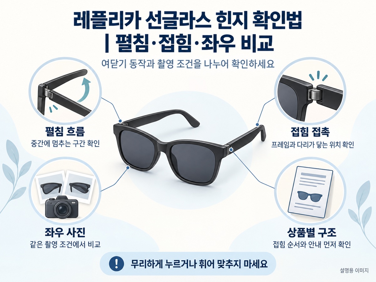 레플리카 선글라스 힌지의 펼침과 접힘 및 좌우 사진 비교 기준 요약