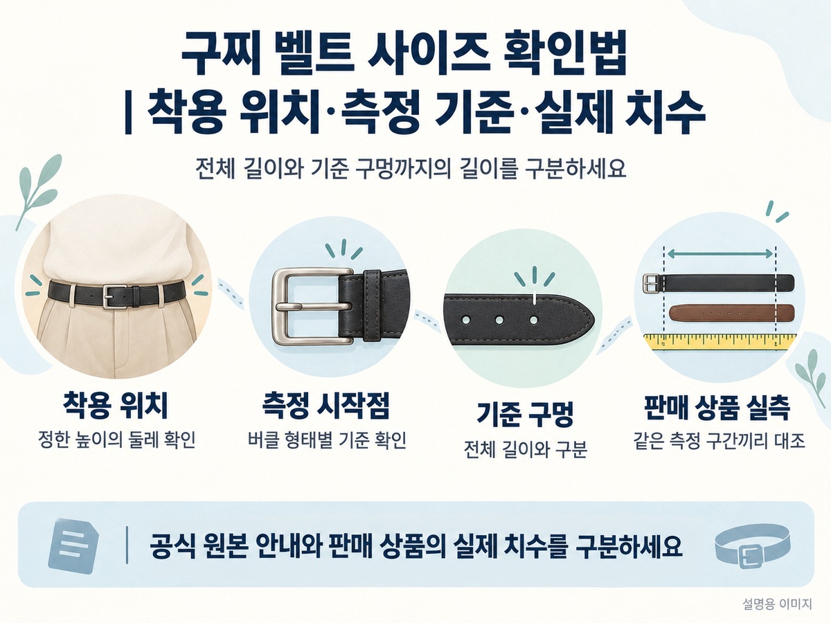 구찌 벨트 선택 전 착용 위치와 측정 시작점 및 기준 구멍과 판매 상품 실측을 확인하는 요약