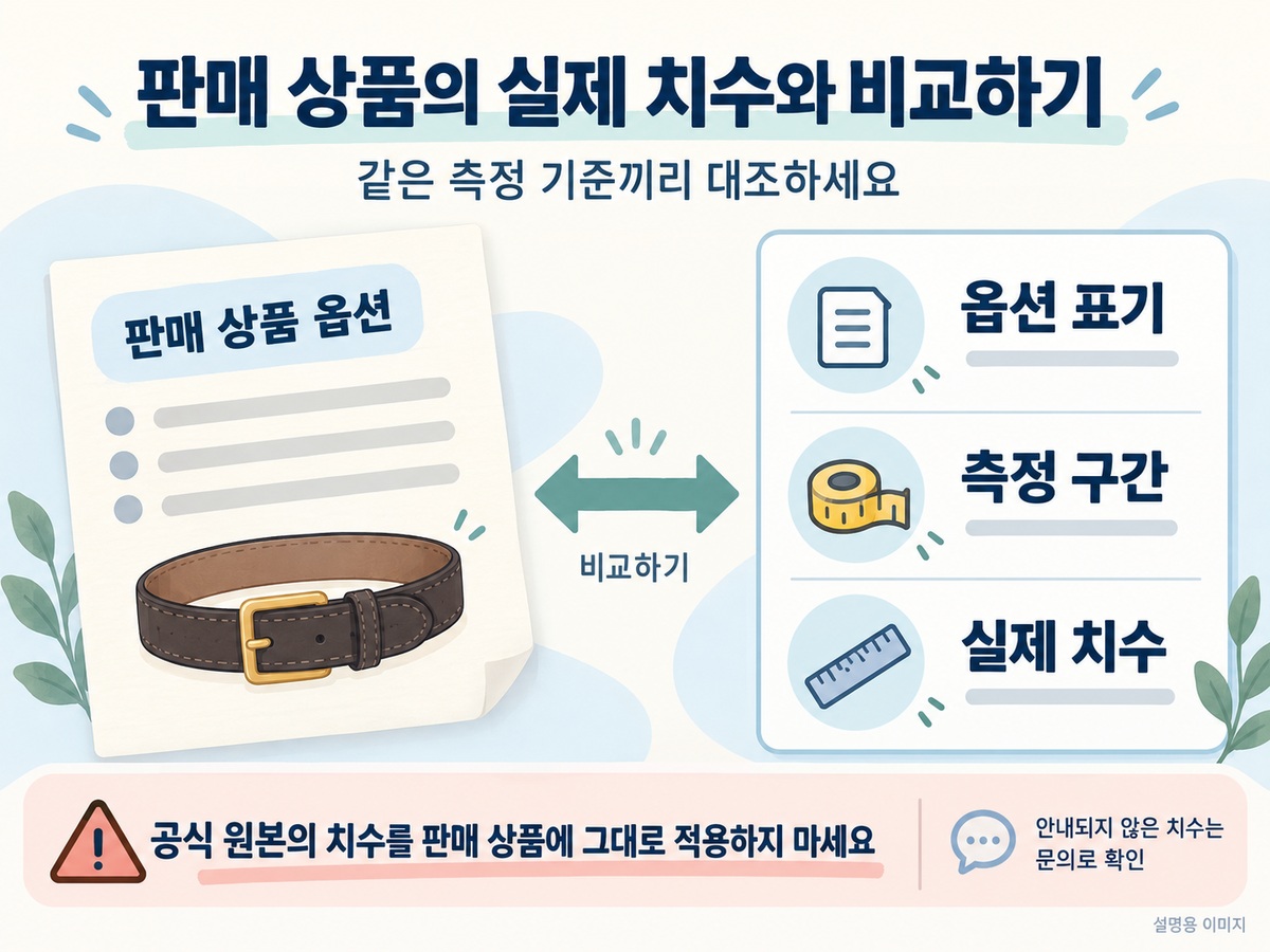 판매 상품의 옵션 표기와 측정 구간 및 실제 치수를 대조하는 설명용 이미지
