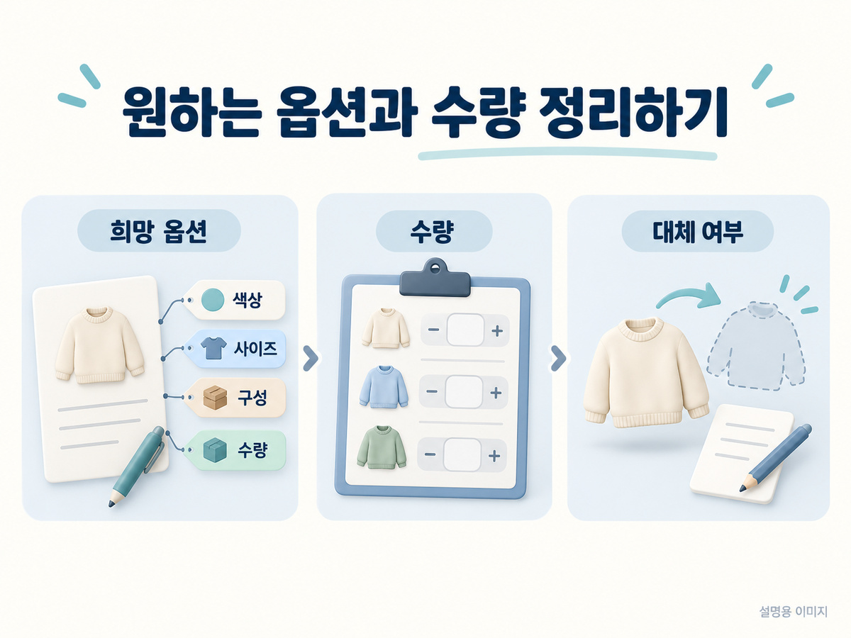 희망 색상 사이즈 구성 수량을 각각 정리하는 설명용 이미지