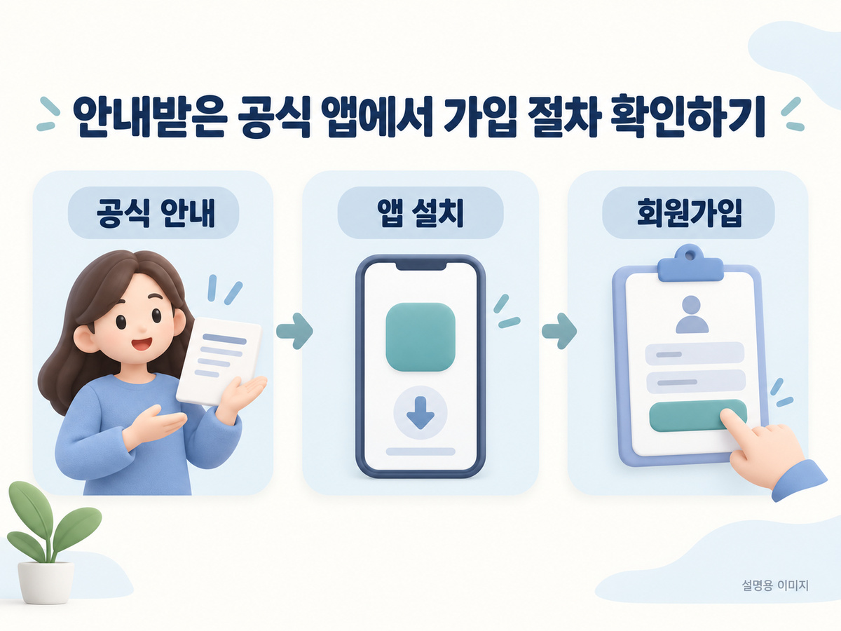 상담의 공식 안내를 따라 앱 설치와 회원가입을 이어가는 설명용 이미지