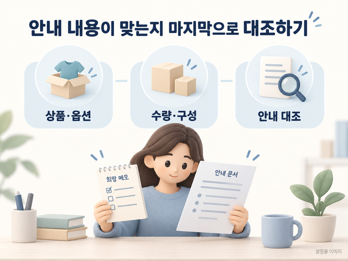 상품 옵션 수량과 안내된 조건이 희망 내용에 맞는지 대조하는 설명용 이미지