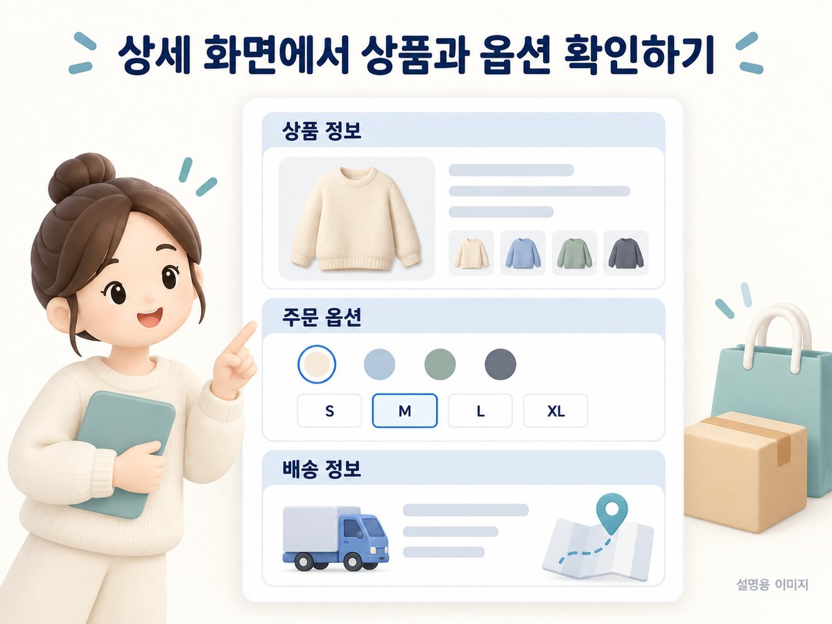 상세 화면에서 상품과 옵션 확인하기의 핵심 확인 사항을 보여주는 설명용 이미지