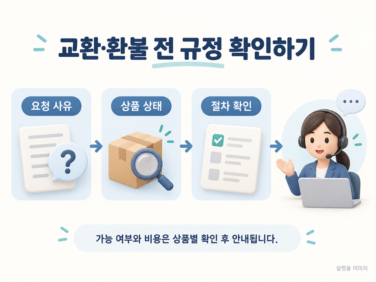 교환·환불 전 규정 확인하기의 핵심 확인 사항을 보여주는 설명용 이미지