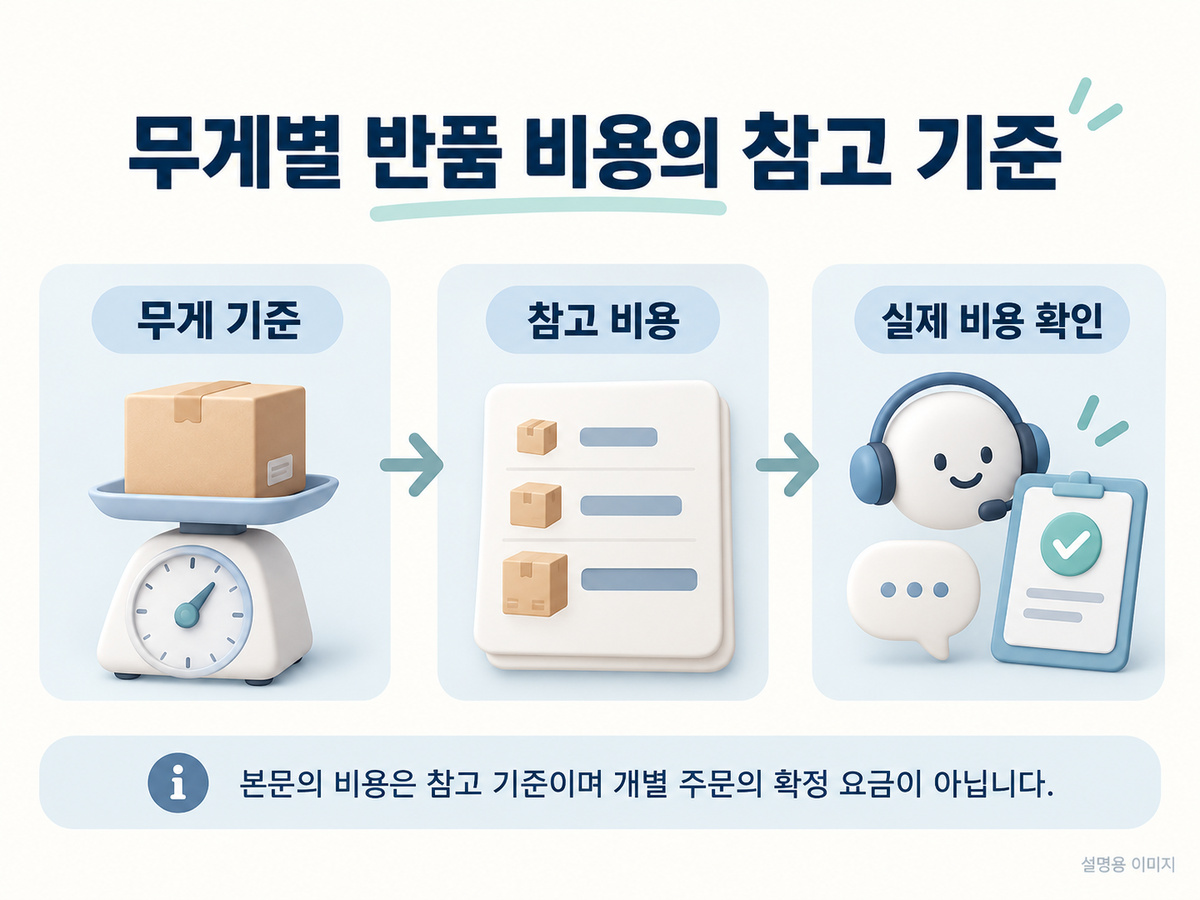 무게별 반품 비용의 참고 기준의 핵심 확인 사항을 보여주는 설명용 이미지