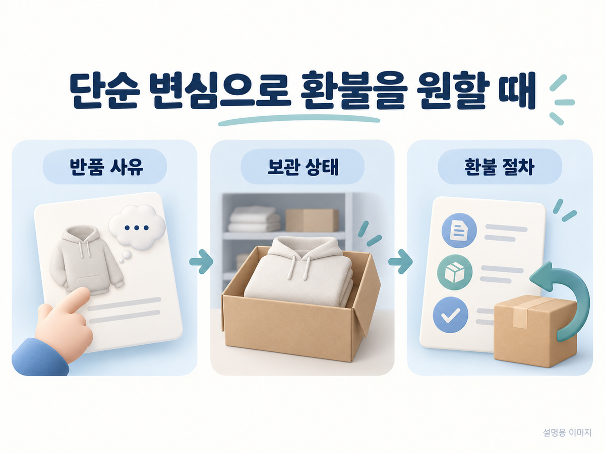 단순 변심으로 환불을 원할 때의 핵심 확인 사항을 보여주는 설명용 이미지
