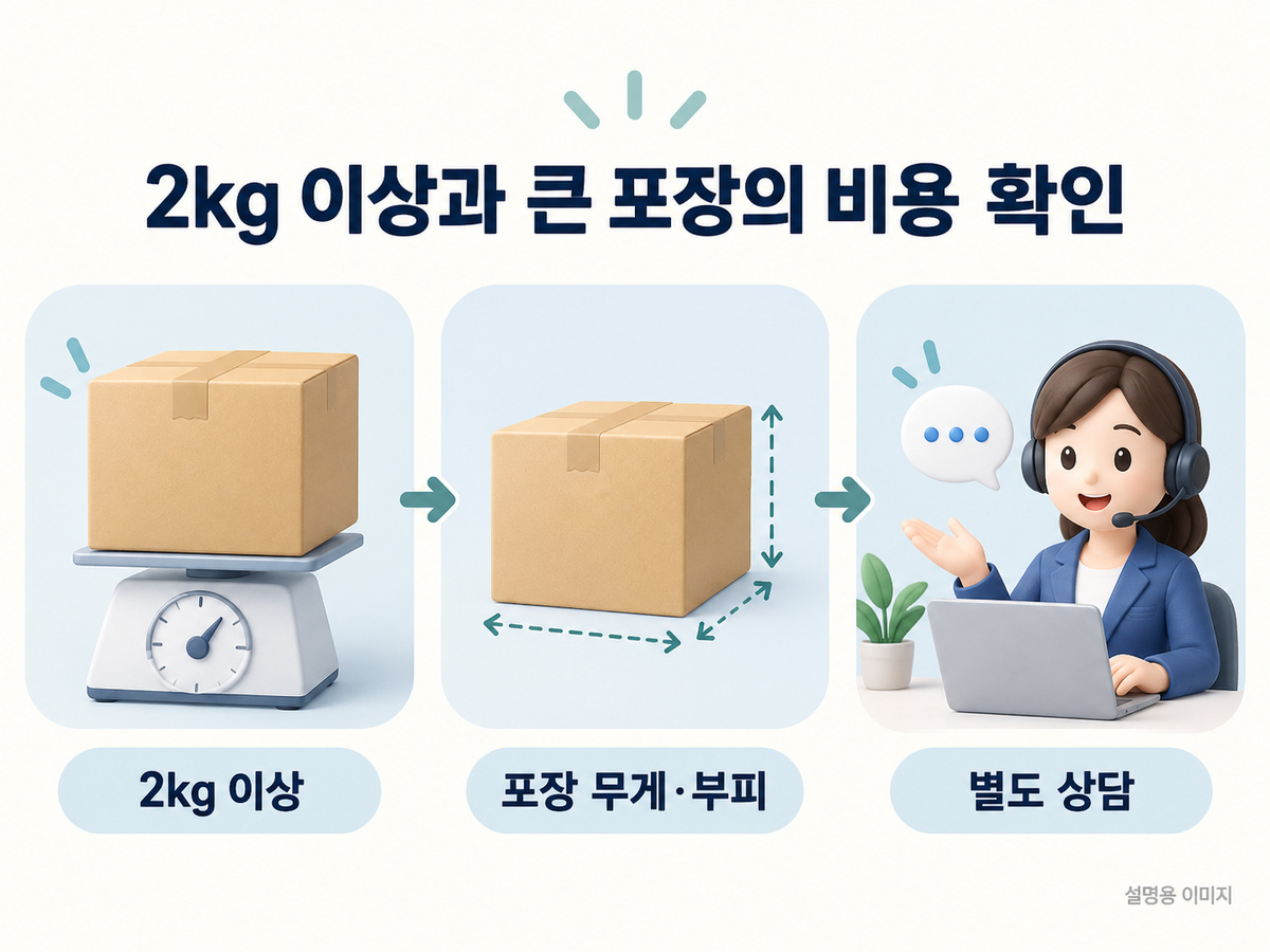 2kg 이상과 큰 포장의 비용 확인의 핵심 확인 사항을 보여주는 설명용 이미지