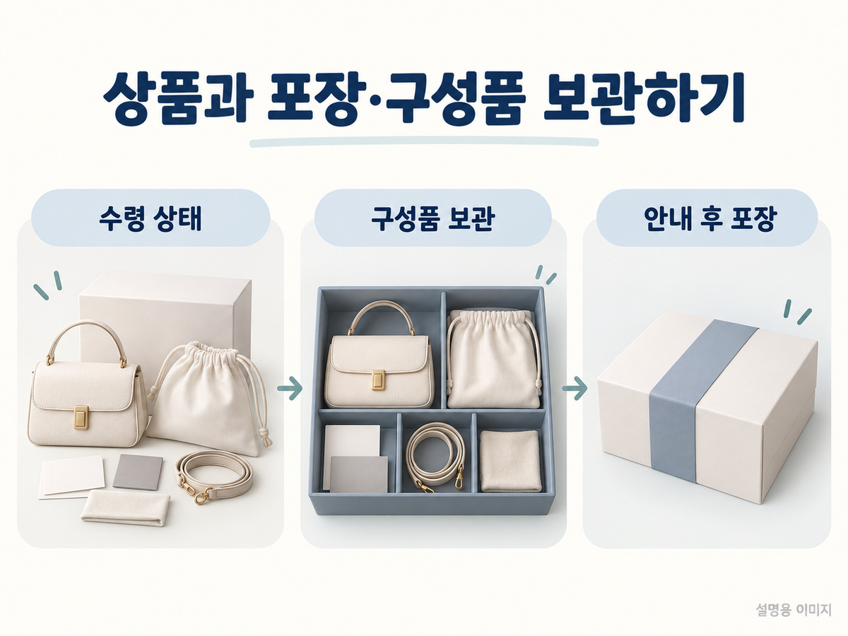 상품과 포장·구성품 보관하기의 핵심 확인 사항을 보여주는 설명용 이미지
