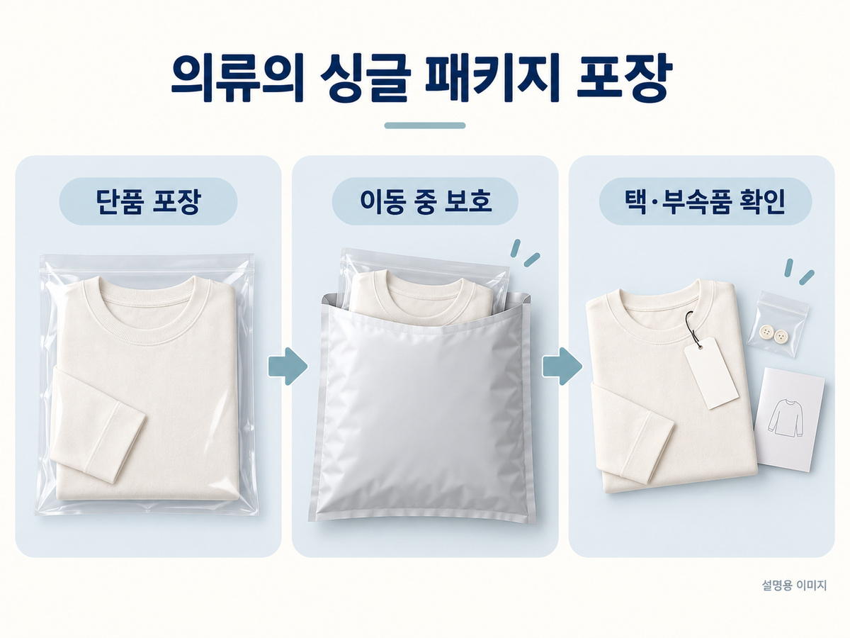 의류의 싱글 패키지 포장의 핵심 확인 사항을 보여주는 설명용 이미지