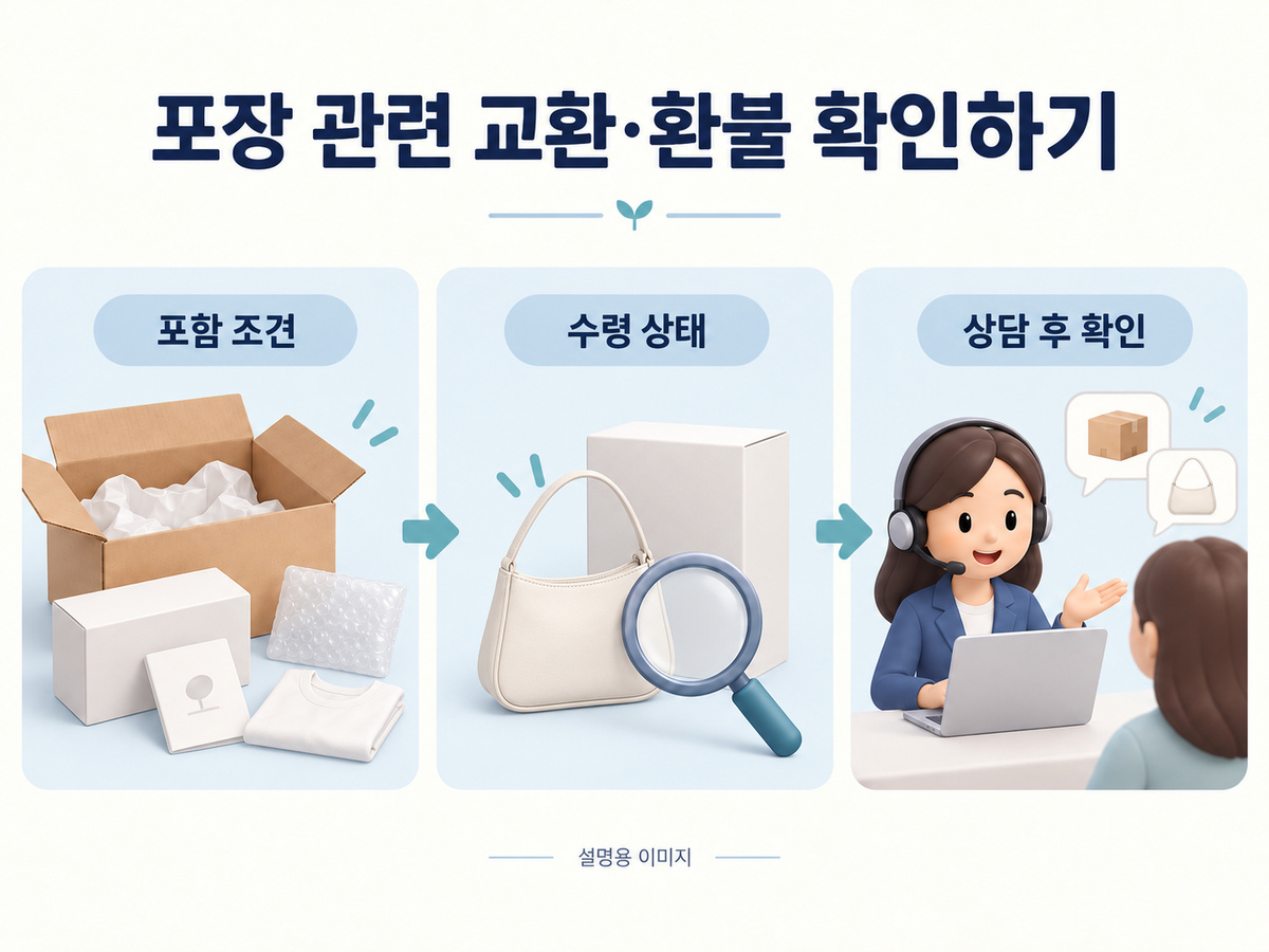 포장 관련 교환·환불 확인하기의 핵심 확인 사항을 보여주는 설명용 이미지