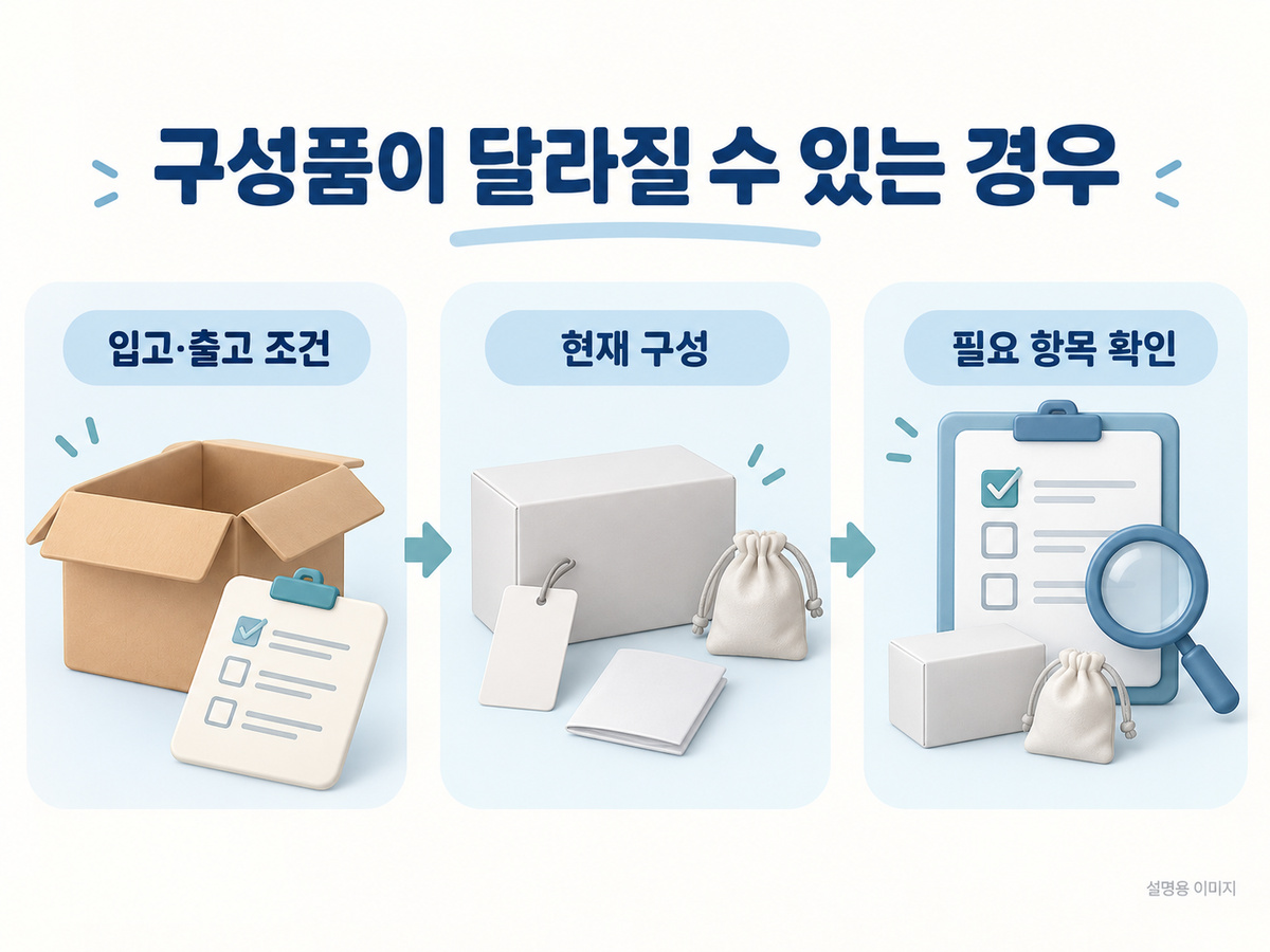 구성품이 달라질 수 있는 경우의 핵심 확인 사항을 보여주는 설명용 이미지