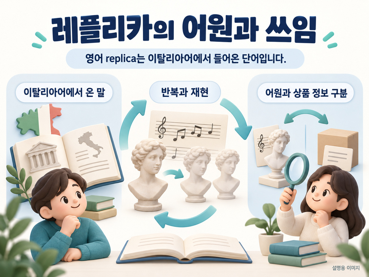 레플리카의 어원과 쓰임의 핵심 내용을 구분해 보여주는 설명용 이미지