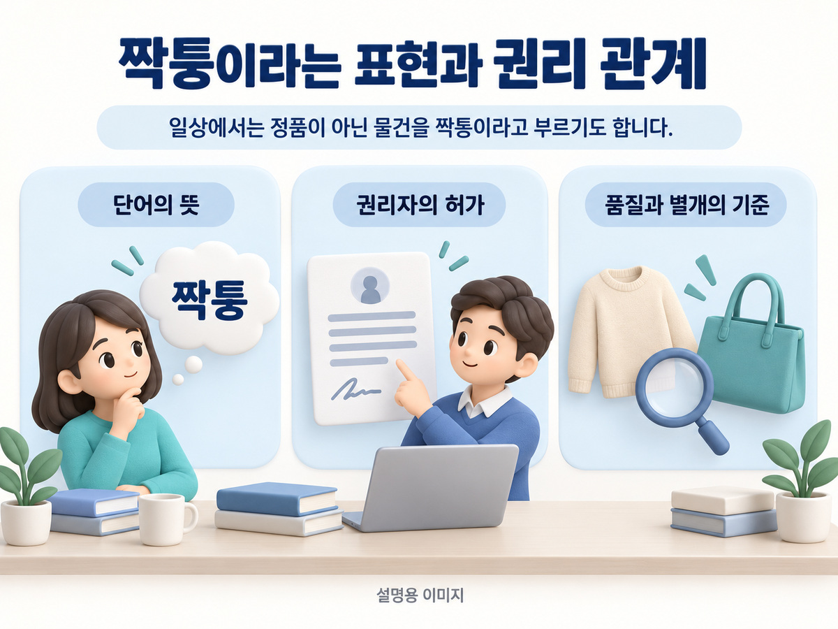 짝퉁이라는 표현과 권리 관계의 핵심 내용을 구분해 보여주는 설명용 이미지