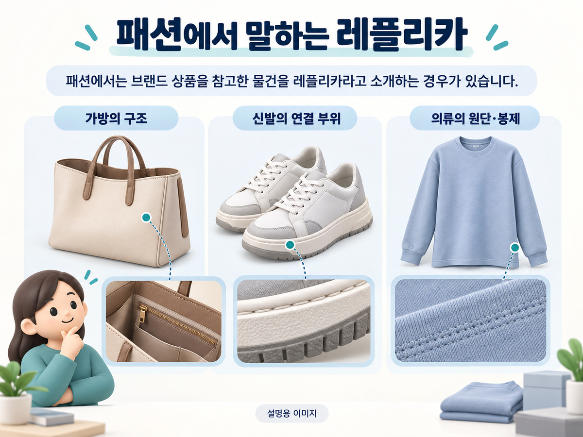 패션에서 말하는 레플리카의 핵심 내용을 구분해 보여주는 설명용 이미지