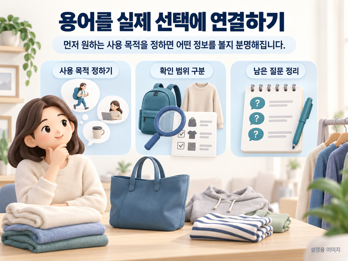 용어를 실제 선택에 연결하기의 핵심 내용을 구분해 보여주는 설명용 이미지