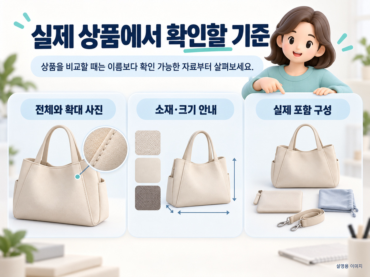 실제 상품에서 확인할 기준의 핵심 내용을 구분해 보여주는 설명용 이미지