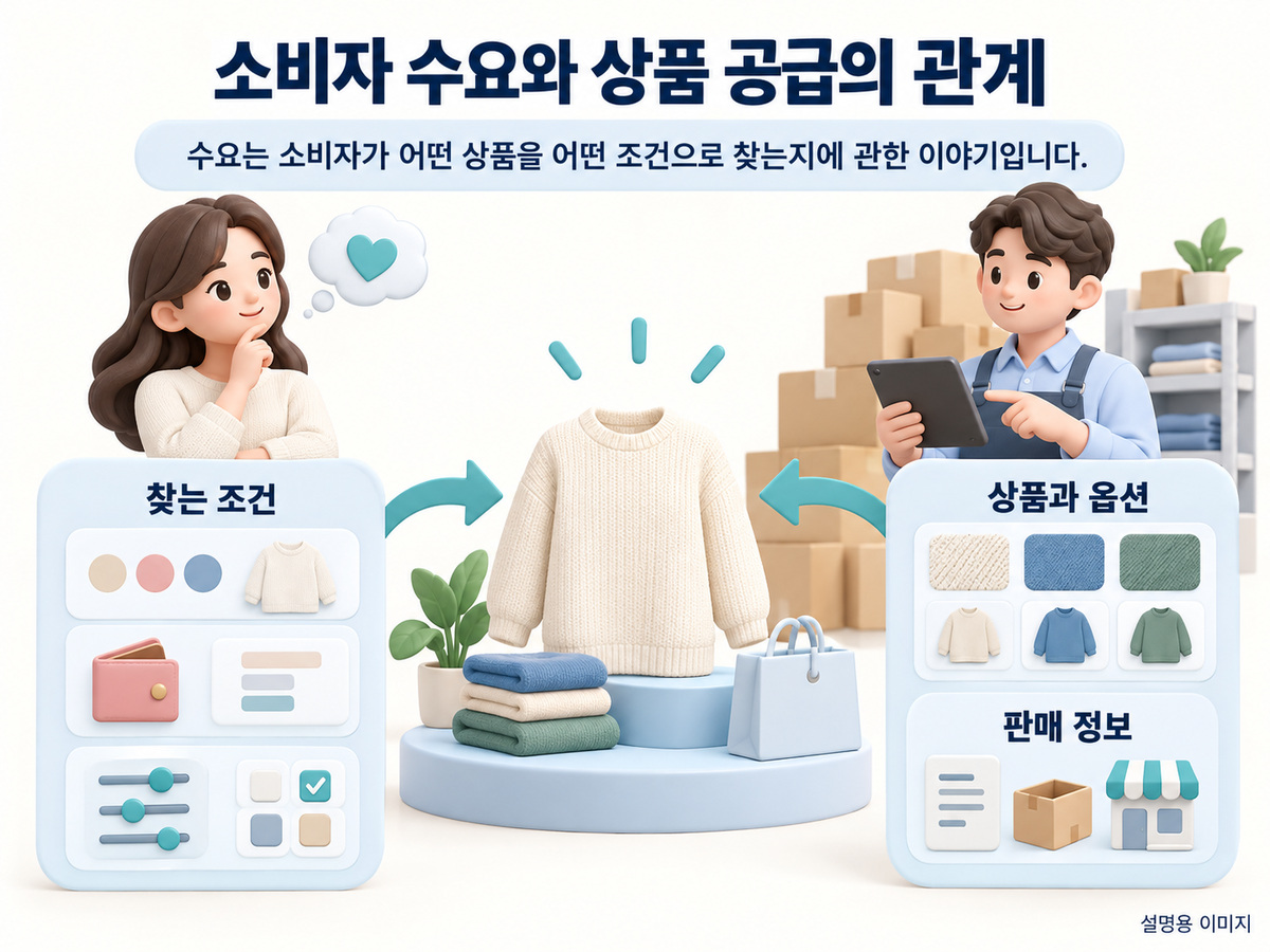 소비자 수요와 상품 공급의 관계의 핵심 내용을 구분해 보여주는 설명용 이미지