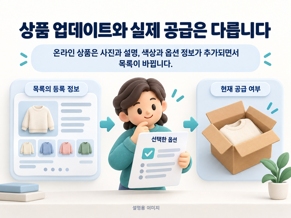 상품 업데이트와 실제 공급은 다릅니다의 핵심 내용을 구분해 보여주는 설명용 이미지