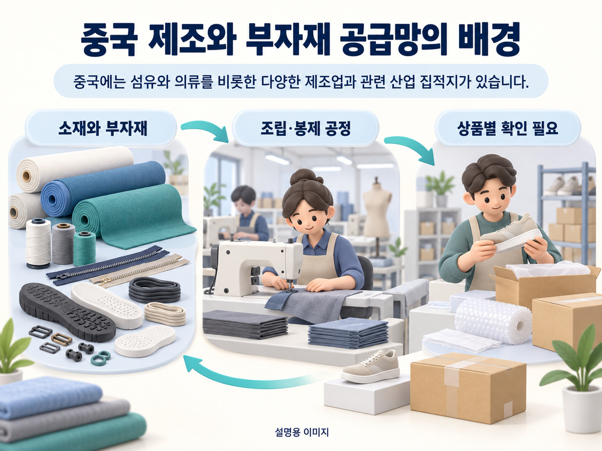 중국 제조와 부자재 공급망의 배경의 핵심 내용을 구분해 보여주는 설명용 이미지