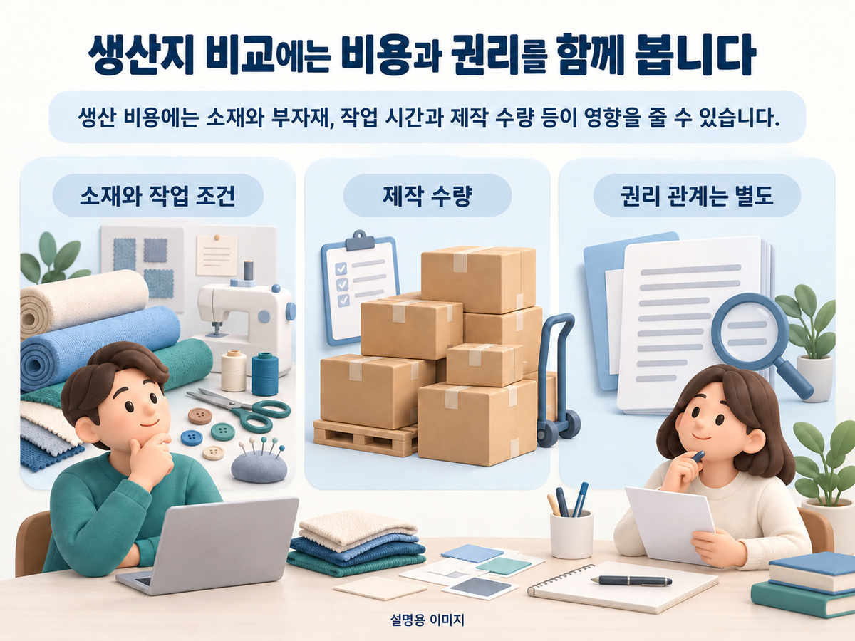 생산지 비교에는 비용과 권리를 함께 봅니다의 핵심 내용을 구분해 보여주는 설명용 이미지
