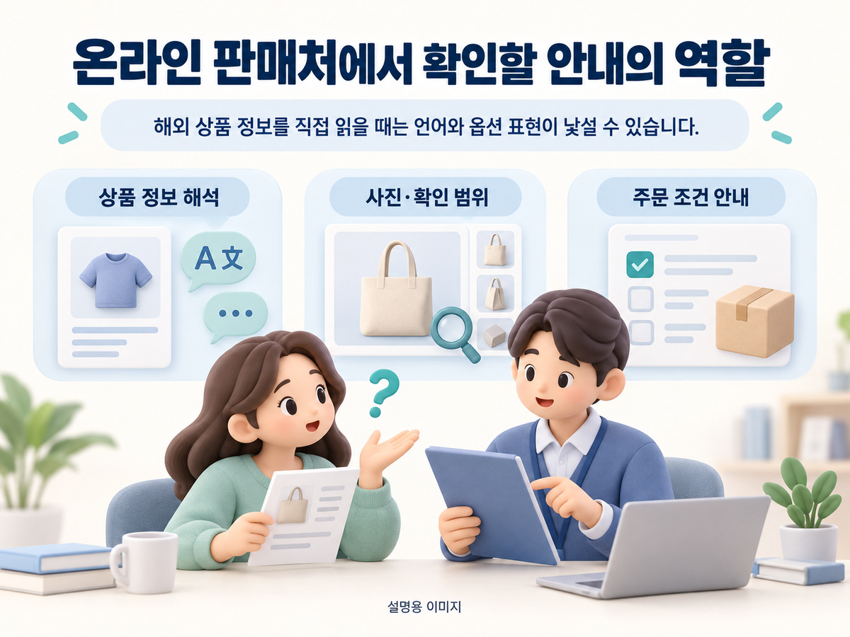 온라인 판매처에서 확인할 안내의 역할의 핵심 내용을 구분해 보여주는 설명용 이미지