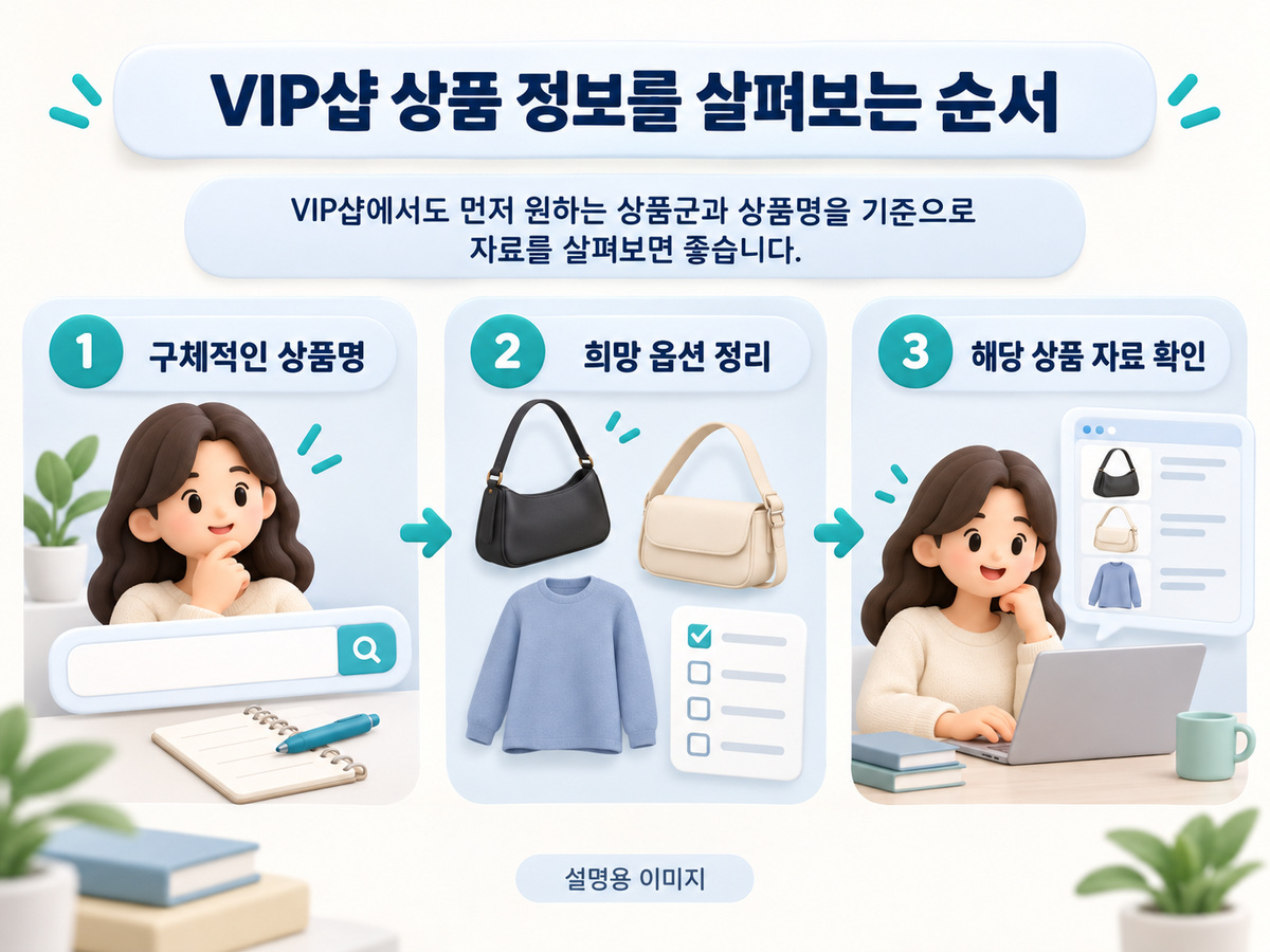 VIP샵 상품 정보를 살펴보는 순서의 핵심 내용을 구분해 보여주는 설명용 이미지