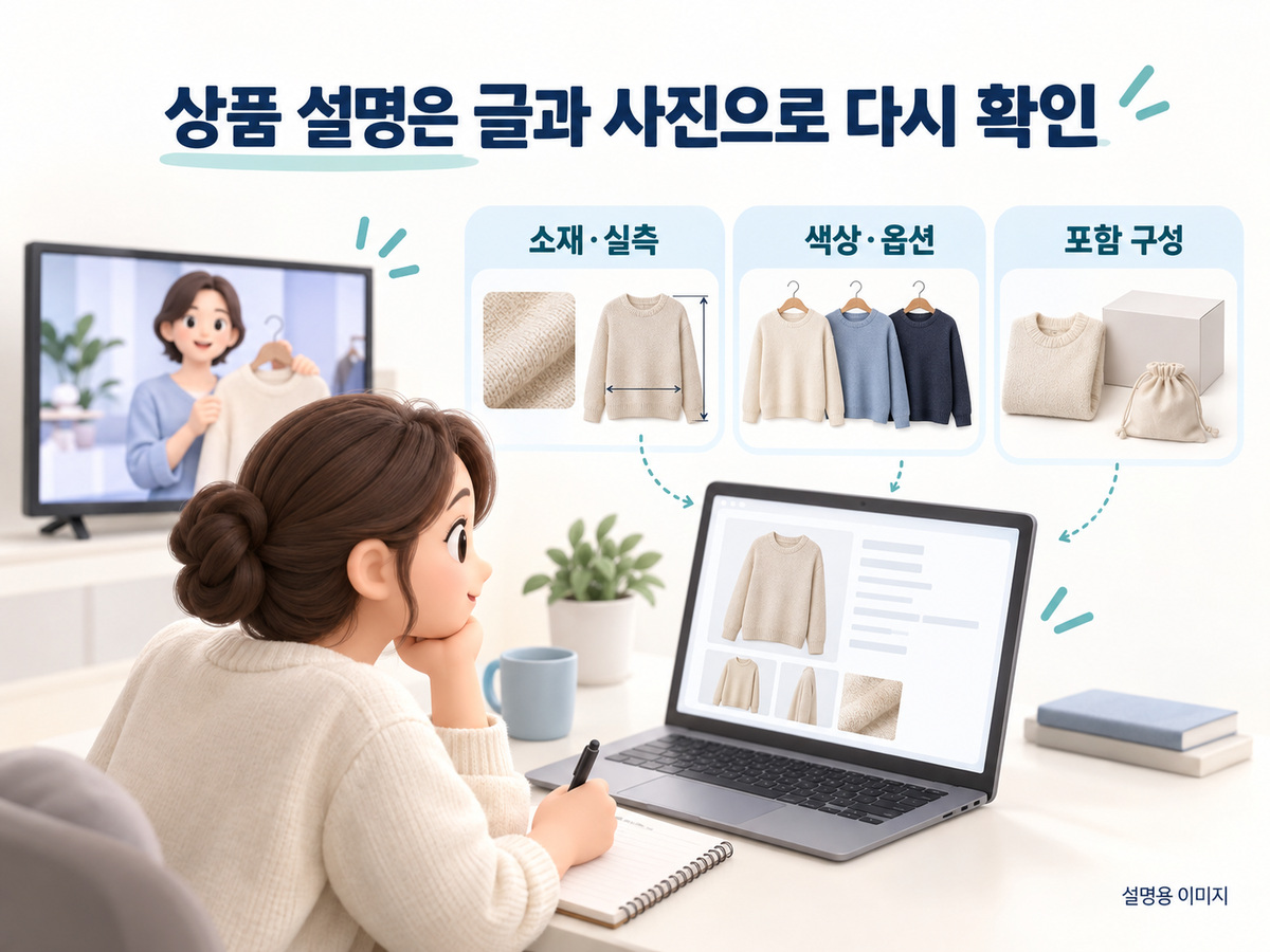 방송 화면의 의류를 상품 설명 문서와 실측 사진으로 다시 대조하는 설명용 이미지