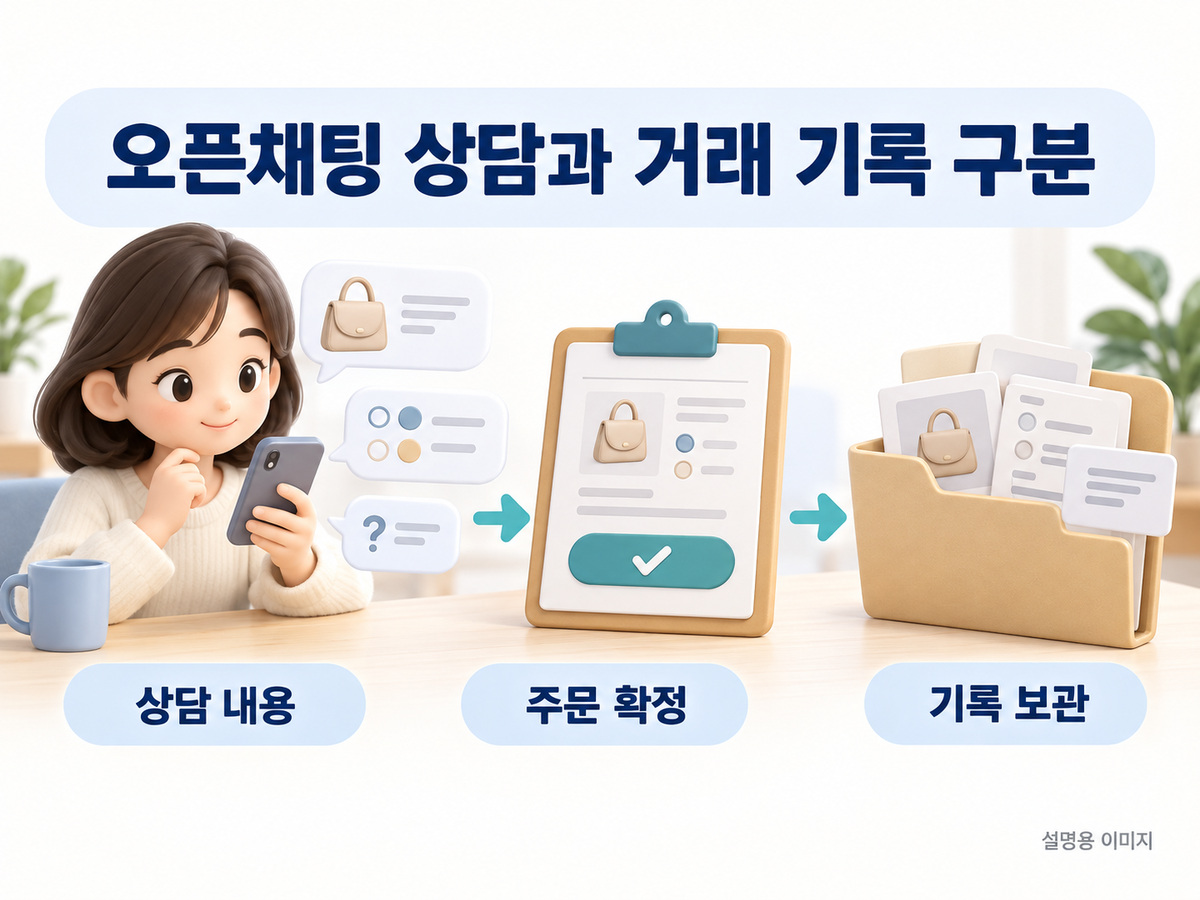 상담 말풍선에서 상품과 옵션 및 안내 내용을 별도 주문 기록으로 정리하는 설명용 이미지