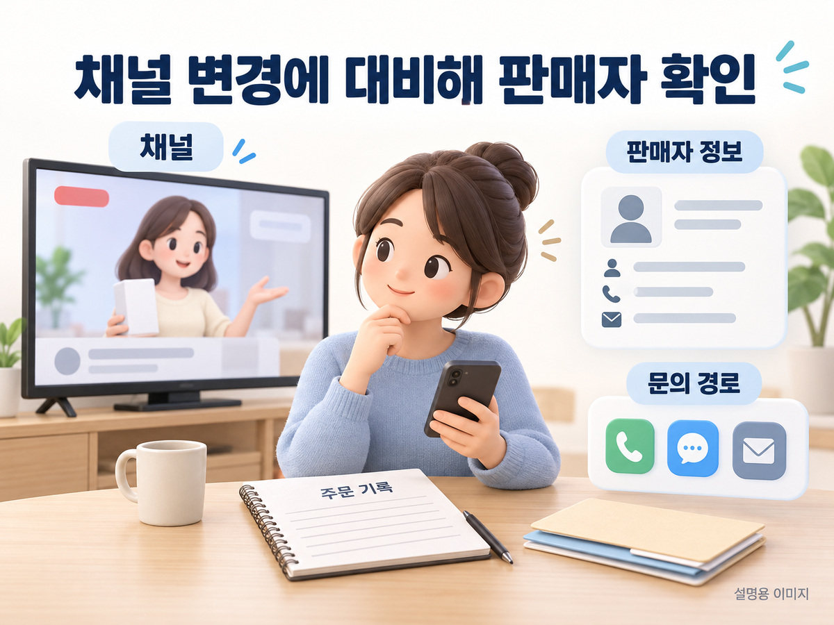 방송 채널 화면과 별도의 판매자 연락 정보 및 주문 기록을 함께 보관하는 설명용 이미지