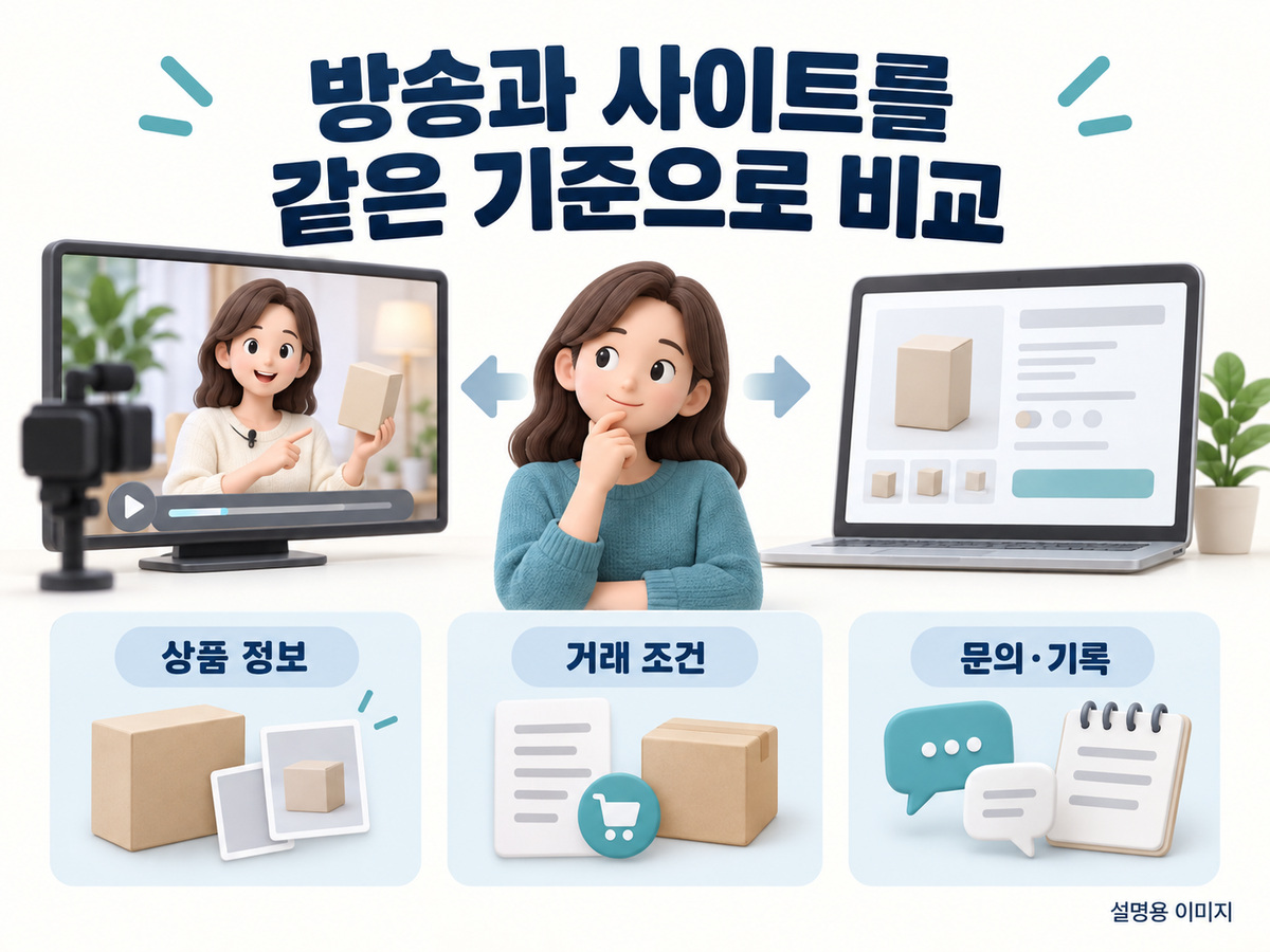 방송 영상과 일반 상품 상세 화면을 사진·옵션·정책·기록의 공통 항목으로 비교하는 설명용 이미지