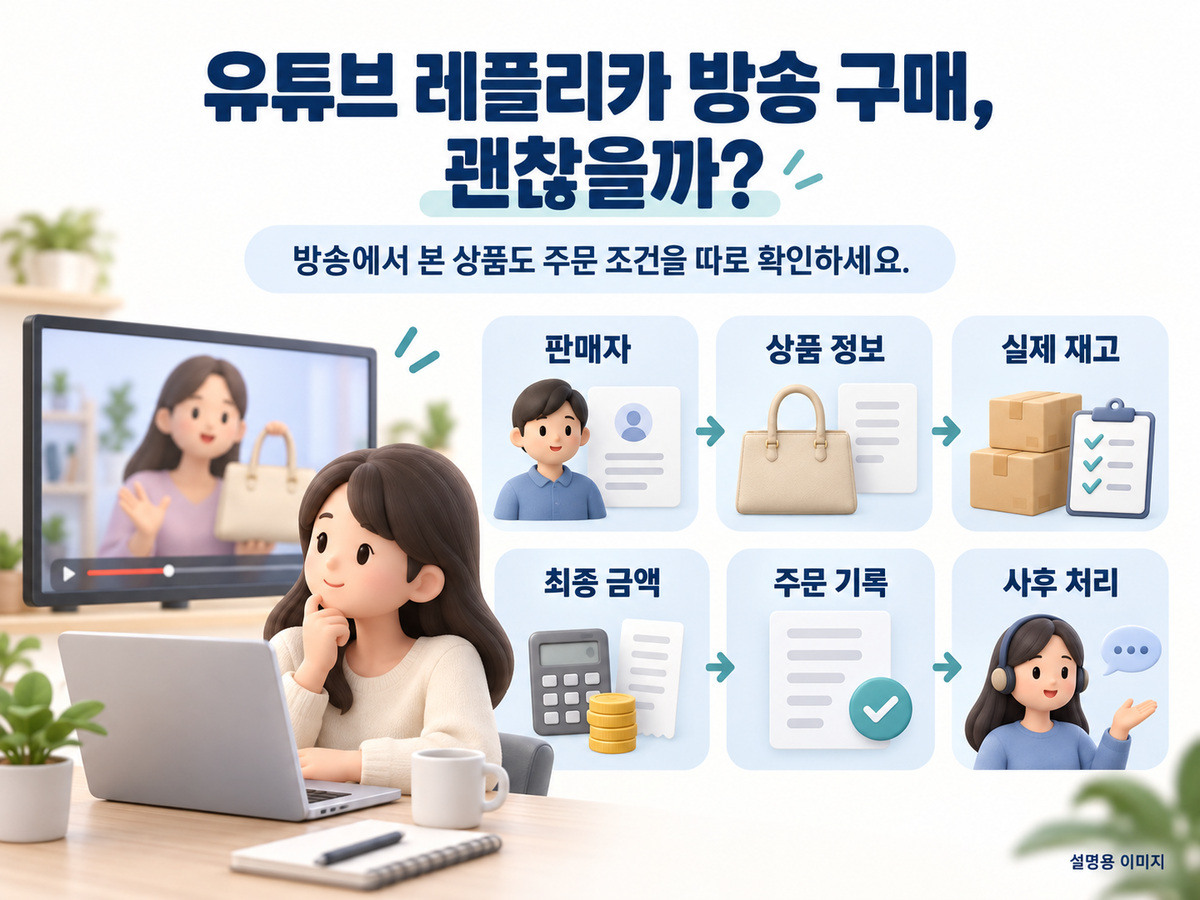 유튜브 방송에서 발견한 상품을 판매자·상품 정보·재고·결제·주문 기록·사후 처리로 확인하는 설명용 인포그래픽