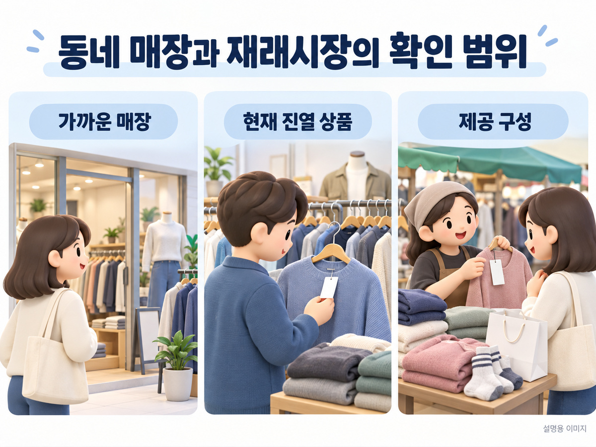 동네 의류 매장과 시장 매대에서 상품 택과 제공 구성을 확인하는 설명용 이미지