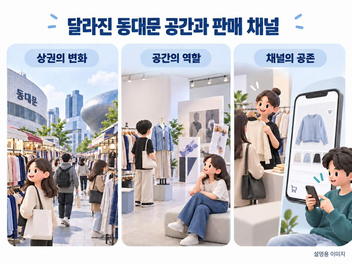 의류 상권의 거리와 디자인 문화 공간, 휴대폰 상품 화면을 서로 구분해 배치하는 설명용 이미지