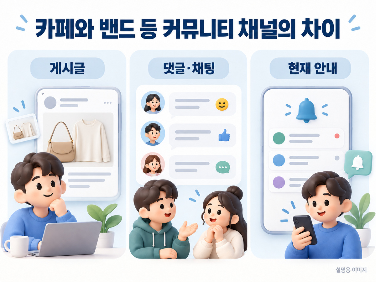 일반 커뮤니티의 사진 게시글과 댓글 및 알림 화면을 비교하는 설명용 이미지