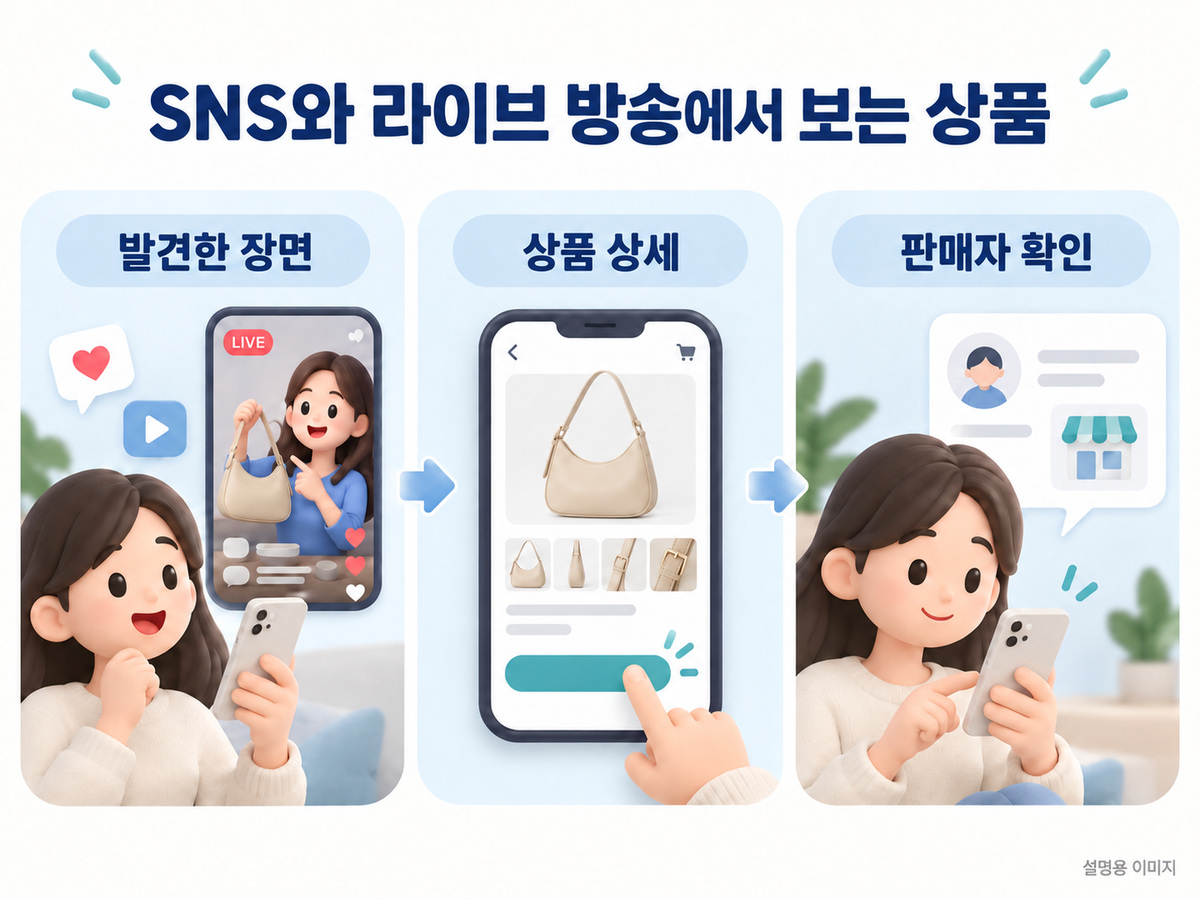 짧은 영상과 라이브 화면에서 본 상품을 별도의 상세 안내로 연결해 확인하는 설명용 이미지