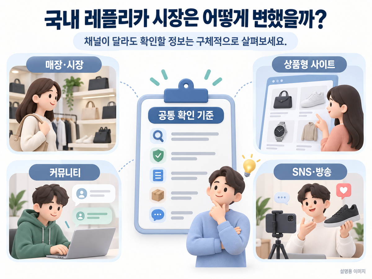 오프라인과 커뮤니티, 상품형 사이트 및 방송의 차이를 공통 구매 확인 기준으로 연결하는 설명용 인포그래픽